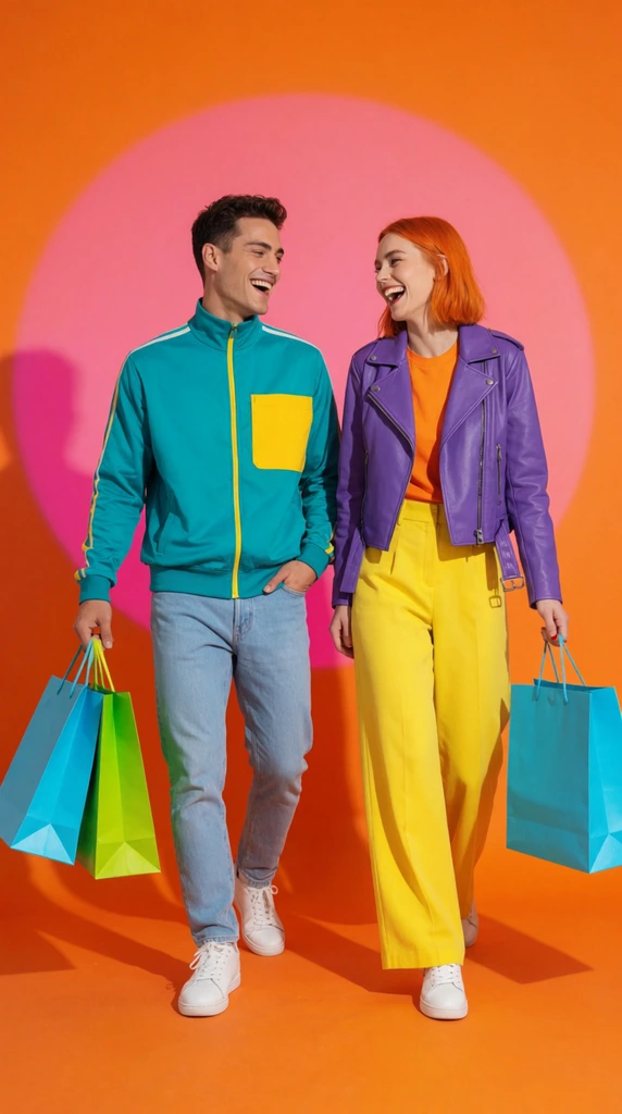 Two laughing young adults walk forward against a vibrant orange backdrop featuring a large, hazy pink circle. The man on the left wears a teal track jacket with a yellow chest pocket, light blue jeans, and white sneakers, carrying cyan and lime green shopping bags. The woman on the right sports a purple leather moto jacket, bright yellow wide-leg trousers, and white sneakers, holding a cyan shopping bag. They look at each other with joyful expressions. Bright studio lighting emphasizes the bold, color-blocked pop-art aesthetic and dynamic, high-contrast wardrobe.