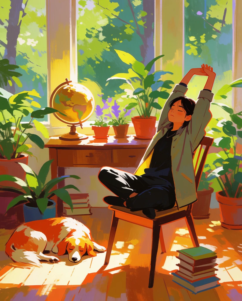 A young person sits cross-legged in a wooden chair, eyes closed and arms stretched overhead, inside a sun-drenched room. They wear an open greenish-grey jacket over dark clothing. Thick, impressionistic brushstrokes capture warm dappled sunlight filtering through large windows overlooking a lush green forest. A wooden console table holds a golden globe and numerous potted plants with broad leaves and purple blooms. An orange and white dog sleeps on the sunlit wooden floor beside small stacks of books, rendered in a warm, painterly digital illustration style.