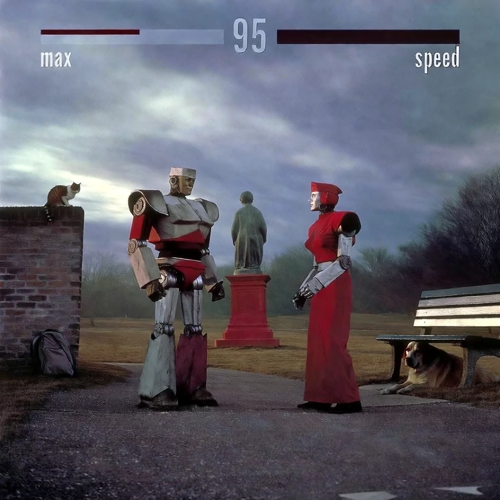 low-angle wide-angle 35mm film photography, fighting game interface, overcast flat cinematic lighting, muted cool-toned color palette, slight analog film grain, desaturated tones, two weathered armored robots in a park, masculine robot left versus feminine robot right, central background child statue on pedestal, left brick wall with perched cat and resting backpack, right park bench with large dog underneath, cloudy sky, minimalist top health bars with '95' timer and 'max' and 'speed' text