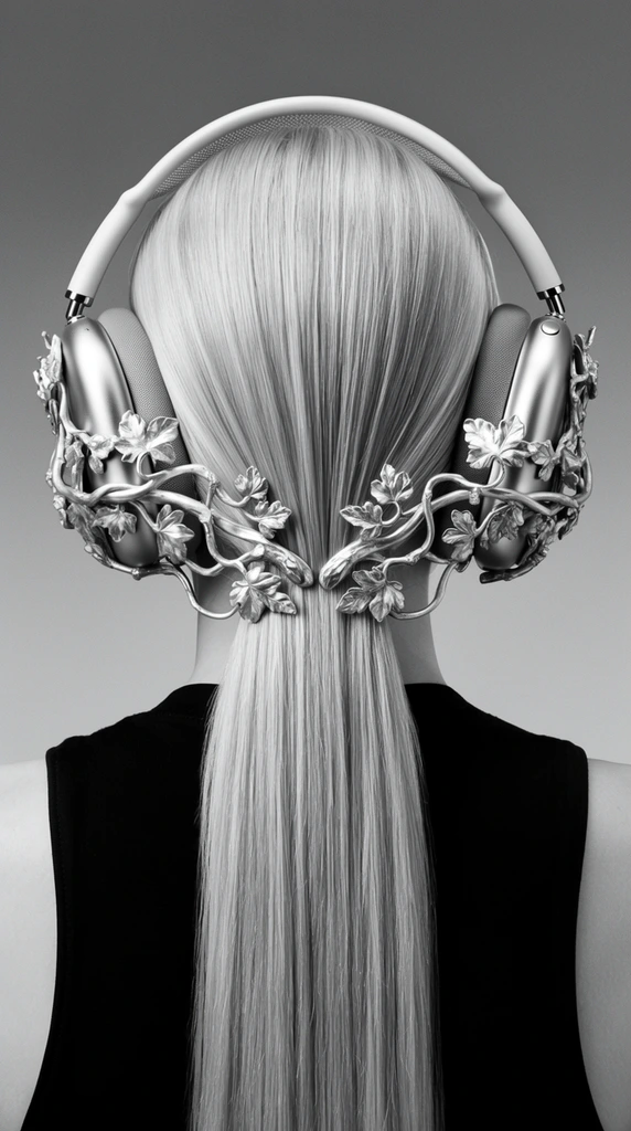 Back view of a figure with perfectly straight, long, light-toned hair cinched tightly at the nape by a pair of sleek metallic over-ear headphones. Attached to the outer shell of each earcup are intricate, three-dimensional silver sculptures of twisting botanical vines reaching toward the center. The person wears a solid black sleeveless top exposing bare shoulders. Captured in stark black-and-white editorial photography, the composition is centered against a smooth grey gradient background. Crisp studio lighting highlights the glossy strands of hair, the brushed metal of the audio gear, and the shadowed crevices of the silver botanical reliefs, creating a striking visual juxtaposition between minimalist technology, ornate classical sculpture, and organic textures.
