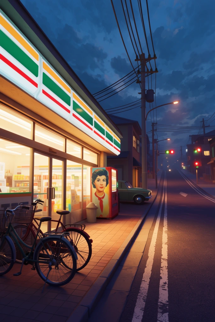 illuminated convenience store on a twilight street, warm interior glowing behind glass doors, tiled sidewalk with parked bicycles, vending machine featuring a retro portrait, crisscrossing power lines, sloping asphalt road with white lines, distant traffic lights, parked vintage car, deep blue cloudy evening sky, 3D rendered stylized realism, dramatic warm and cool lighting contrast