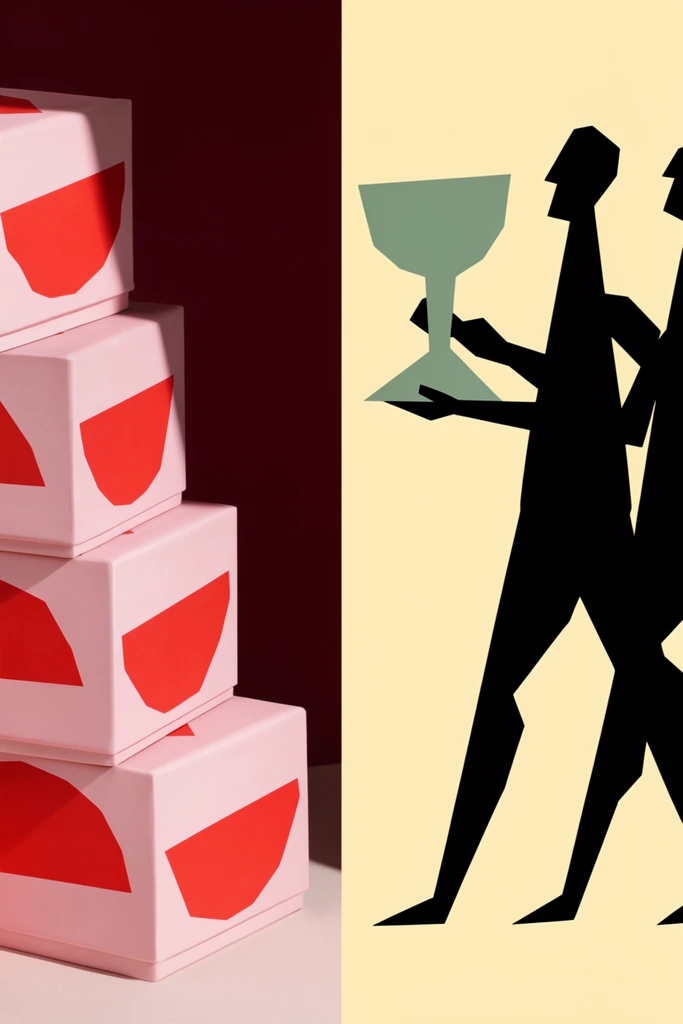 A split-screen composition contrasting three-dimensional still life with flat graphic illustration. The left side features a vertical stack of four rectangular boxes against a deep maroon backdrop, illuminated by harsh directional light that casts sharp diagonal shadows. The pale pink boxes are decorated with bold, abstract red geometric semi-circles. The right side displays a pale yellow background with a solid black, highly stylized vector illustration of two abstract figures striding forward. Constructed from sharp, jagged polygons, the primitive silhouettes include a leading figure holding a large, flat, sage-green chalice. The overall aesthetic merges modernist minimalism with high-contrast color blocking and striking geometric forms.