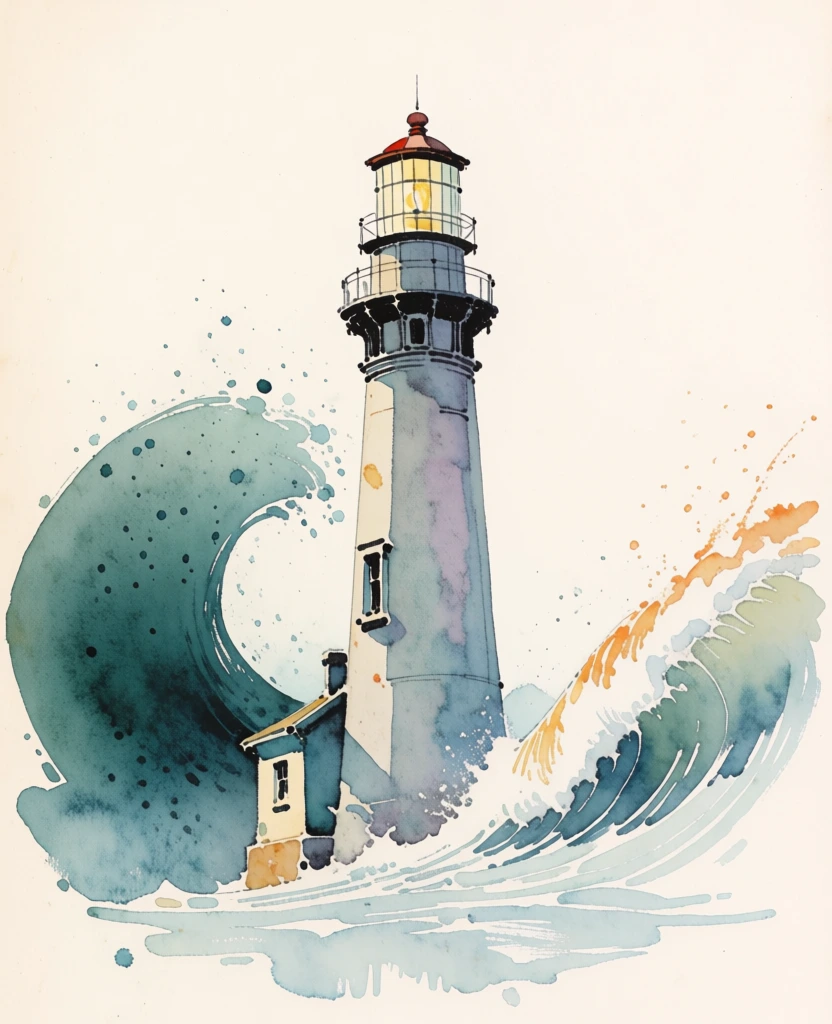 A dramatic watercolor illustration shows a tall lighthouse standing firm while huge ocean waves curl and crash around it, rendered as an elegant, airy composition on a mostly blank off-white background. watercolor illustration, ink linework, digital watercolor wash, coastal seascape, illustrative fine art print, contemporary editorial poster style, expressive, painterly, semi-realistic, whimsical yet powerful, stormy but hopeful, medium visual complexity, clean negative space, splash-driven composition, visually adjacent to J.M.W. Turner, Edward Hopper’s coastal motifs reimagined in watercolor, Quentin Blake line energy, modern watercolor concept art, palette of turquoise, teal, sea blue, slate blue, white foam, sandy cream, warm apricot, muted orange, brick red, charcoal ink, soft luminous lantern yellow, high-key background, moderate contrast, soft diffusion, crisp ink edges over fluid washes, no visible camera settings because this is not a photograph, no lens artifacts, no motion blur, intentional paint splatter and bloom textures, paper-like wash granulation, stylized wave detailing. In the center rises a tall cylindrical lighthouse painted in pale stone gray with subtle lavender and beige weathering, tapering slightly as it climbs. Near the upper third is a dark circular balcony wrapping around the tower, with another narrower balcony above it beneath the lantern room. The lantern room sits at the very top center, glowing warm yellow through gridded window panes, capped by a reddish-brown domed roof and a thin black finial. About midway down the tower, slightly left of center, is a single narrow window with a dark interior and a small decorative frame. At the lower left of the lighthouse base is a small attached keeper’s house, only partly visible, with cream walls, a rusty red slanted roof, and a tiny chimney. Behind and around the lighthouse, a massive wave surges from the left middle edge, arching upward in deep teal and blue, speckled with ink-like droplets. Another powerful wave rises from the lower right, curling diagonally upward toward the lighthouse’s midsection, edged with frothy white foam. Orange watercolor clouds bloom behind the upper right side of the tower, balancing the cool blues of the sea. The bottom of the image dissolves into loose watery splashes and pale blue washes, as if the ocean and paper are merging.