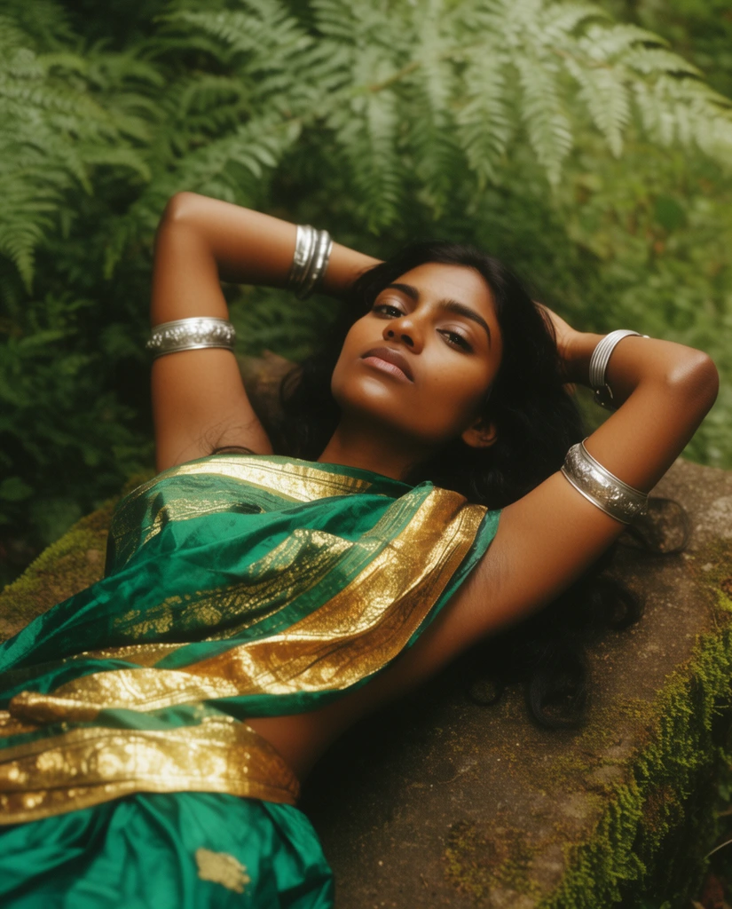 South Asian woman reclining on mossy stone, hands behind head, emerald green and gold silk wrap, silver arm cuffs, warm cinematic lighting, lush fern background, 35mm photography