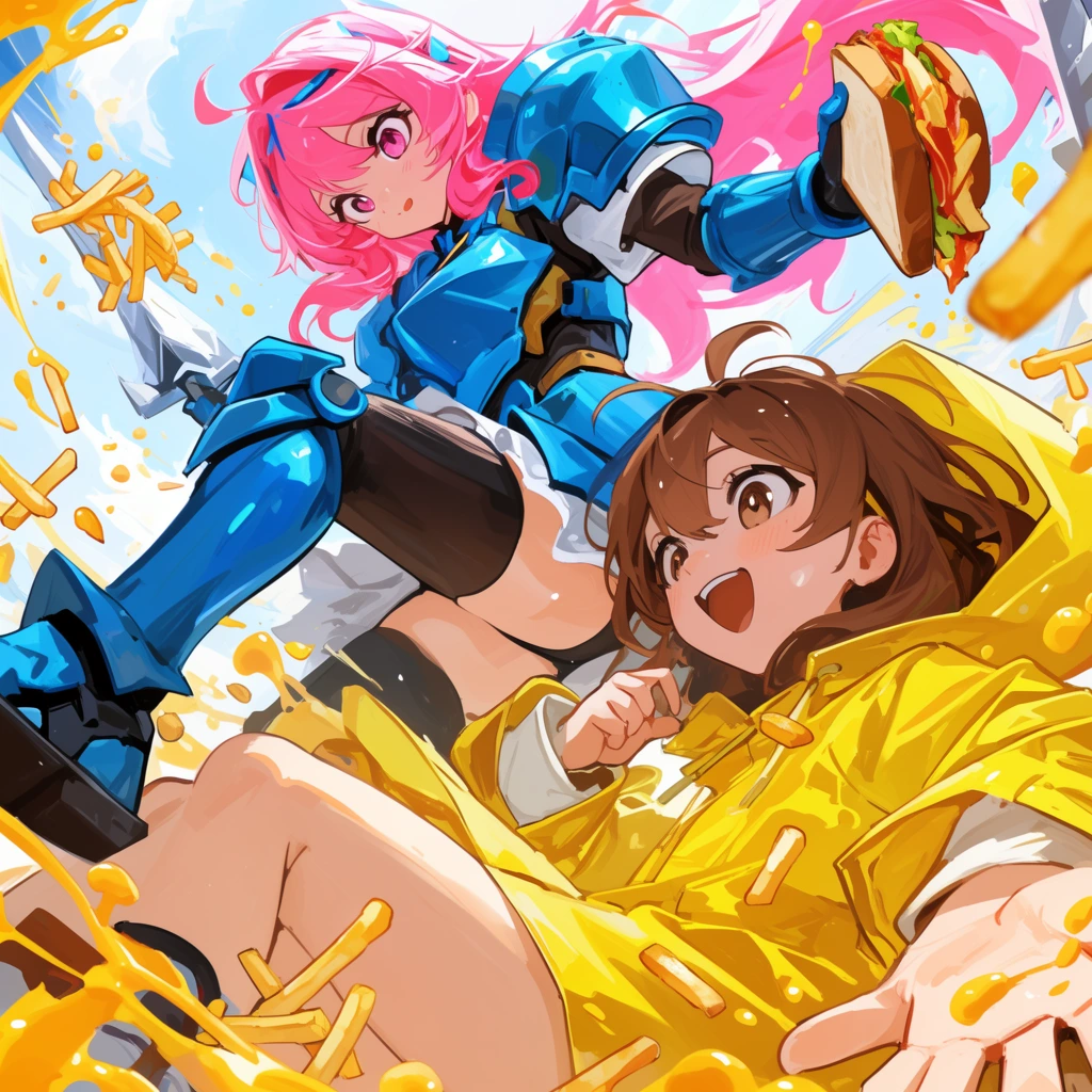 dynamic anime art, extreme low angle, pink-haired girl in blue armor holding a sandwich above a laughing brown-haired girl in a yellow raincoat, flying fries and cheese splatters, highly energetic composition