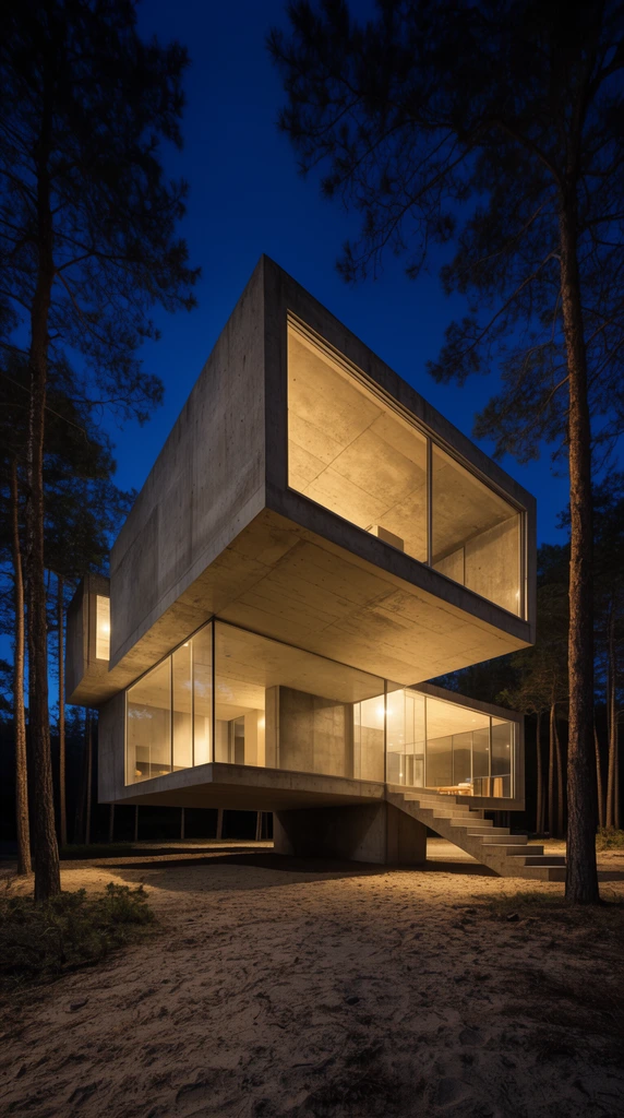 A multi-level brutalist concrete house with expansive glass windows stands illuminated among tall pine trees at twilight. Stark cantilevered volumes and concrete stairs hover above a sandy forest floor. Warm golden interior light creates a striking contrast against the deep indigo night sky and dark silhouettes of slender trunks, captured in crisp architectural photography.