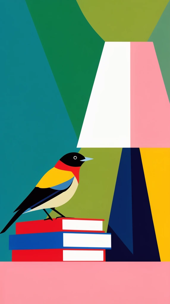 Flat, minimalist vector illustration of a stylized colorful bird perched atop a stack of red, blue, and white books beside a geometric lamp. The bird has a black head, yellow back, and red collar. A dark blue angular lamp with a white and pink shade stands to the right. The scene rests on a pink surface against an abstract, unshaded background of bold diagonal teal, green, and yellow color blocks.