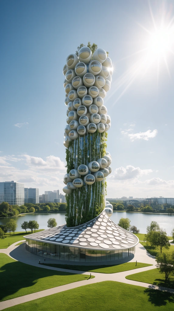 A futuristic spiraling cylindrical tower with spherical pods and vertical greenery stands in a sunny park beside a lake. The structure rests on a glass-walled pavilion with a circular-patterned roof. Paved paths cross the bright lawn toward a modern cityscape. Photorealistic architectural rendering with bright daylight and strong sun glare.