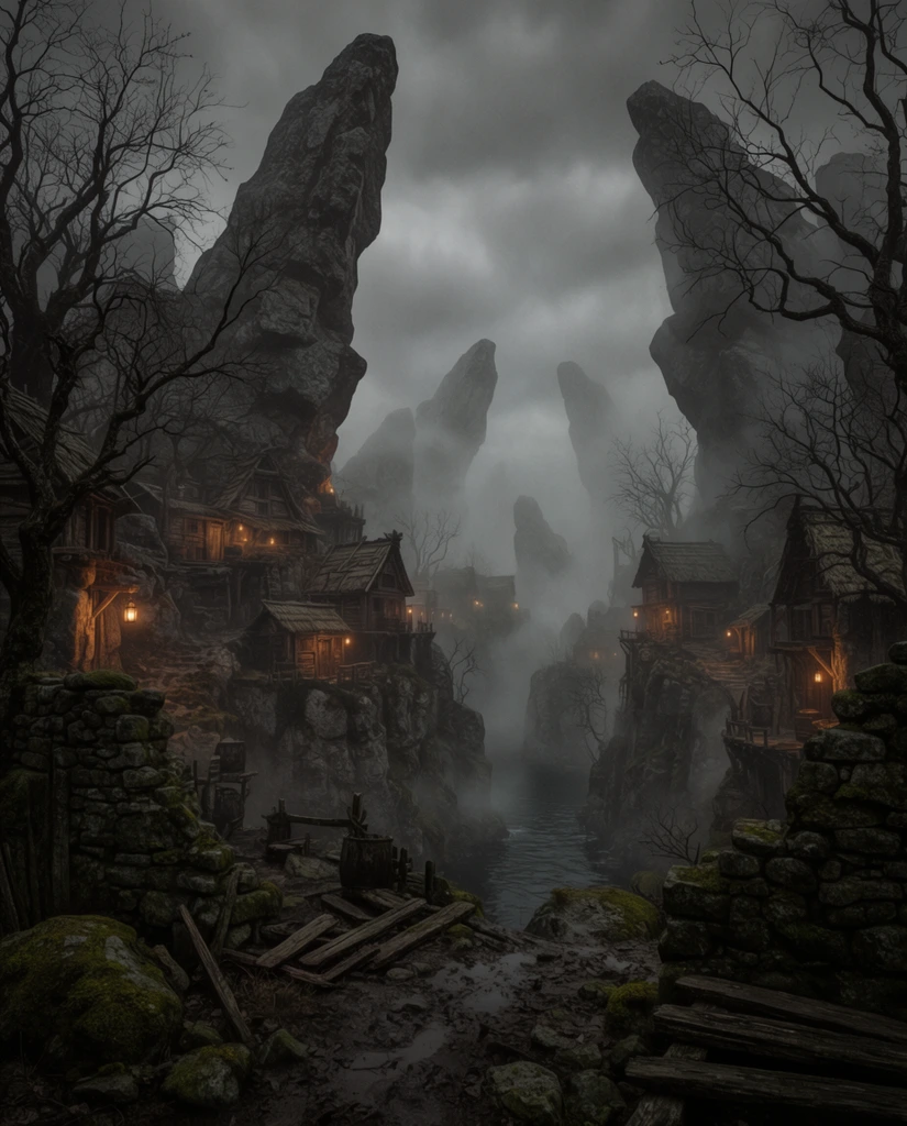 A gloomy dark fantasy village clings to the rocky cliffs of a deep ravine beneath towering, jagged rock formations. Weathered wooden huts built into precipitous stone walls are illuminated by glowing orange lanterns that pierce the desaturated, misty environment. The muddy foreground features mossy rocks, broken wooden planks, and crumbling drystone walls, framed by the dark silhouettes of gnarled, bare trees. Below the settlement, dark water flows through the central gorge. Thick fog rolls through the valley, obscuring colossal monolithic rock spires that fade into a heavy overcast sky. The cinematic wide-angle composition uses a muted palette of cool grays and browns against warm artificial light, emphasizing a desolate, highly detailed atmospheric environment.