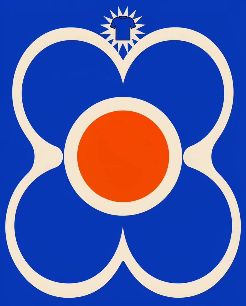 central circular emblem on a solid royal blue background, vibrant orange circle enclosed by a thick cream ring, massive bulbous interconnected fluid shapes in royal blue with thick cream outlines overlapping the center, small blue t-shirt icon at the top center overlapping a crisp white starburst, flat vector graphic style, bold contrasting retro color palette, solid colors, clean sharp edges, minimalist pop art aesthetic