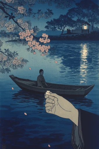 Atmospheric Shin-Hanga Nocturnes style reference image — nocturnal landscape