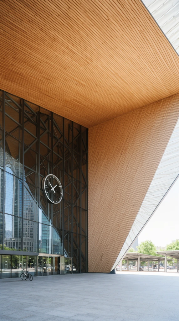 A wide-angle architectural view of a monumental modern building entrance under bright daylight. A vast canopy clad in warm, parallel wooden slats meets a sharply sloping right wall, creating a dramatic geometric overhang. On the left, a towering glass curtain wall reflects surrounding city skyscrapers, supported internally by a grid of dark steel beams. A large, minimalist circular analog clock is mounted on the transparent facade. A broad, light gray paved plaza stretches across the foreground with a single bicycle parked near the lower glass doors. Beyond the structure on the right, covered shelters and green trees line a sunlit street.