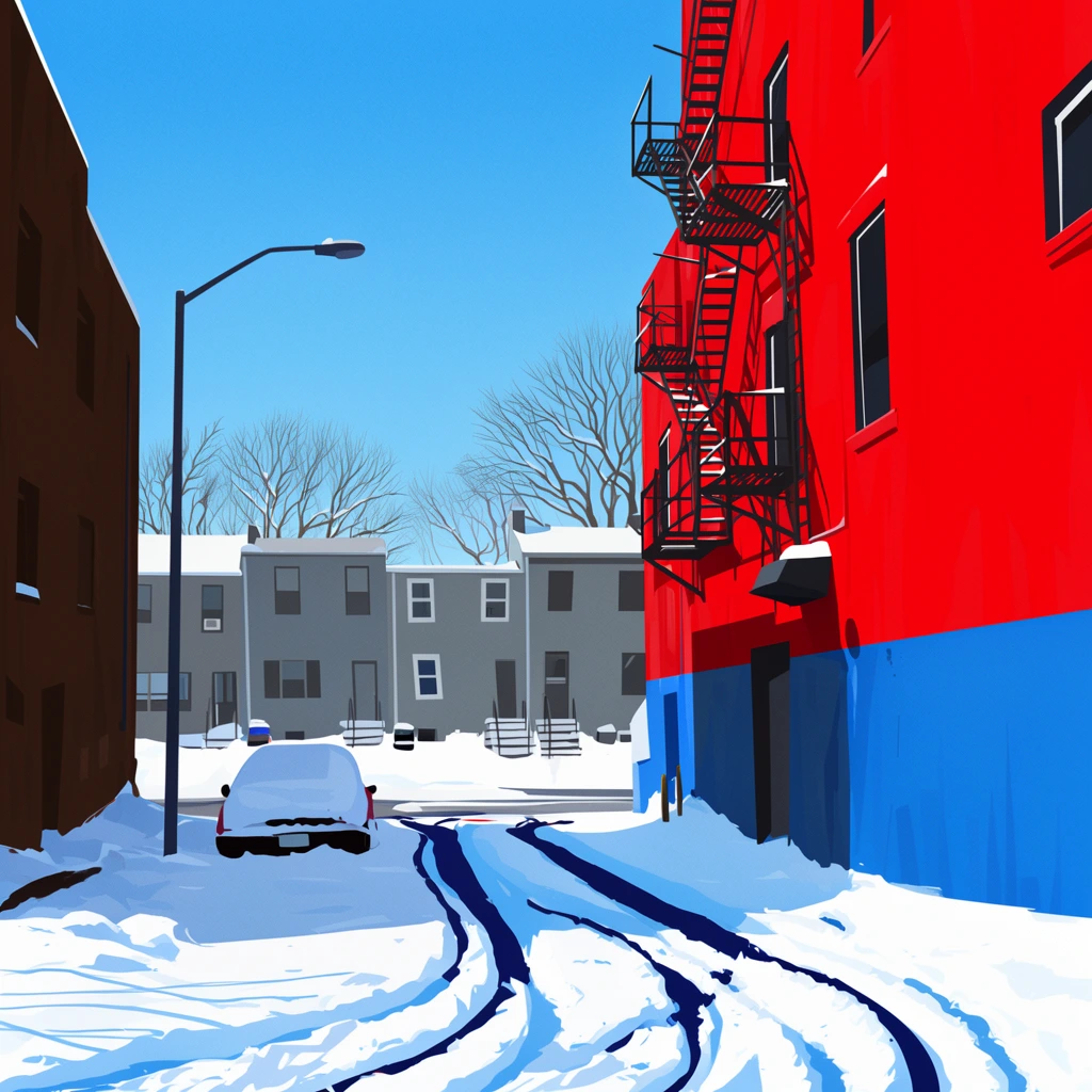 A stylized graphic illustration of a snow-covered urban alleyway framed by colorful buildings under a clear blue sky. A towering bright red building with black metal fire escapes and a blue lower wall dominates the right. On the left, a dark brown building stands near a snow-covered parked car and a tall streetlamp. The ground is buried in thick white snow marked by deep dark blue tire tracks. Simple grey row houses and bare winter trees fill the background. The artwork features flat colors, bold lighting, and hard-edged shadows for a high-contrast aesthetic.