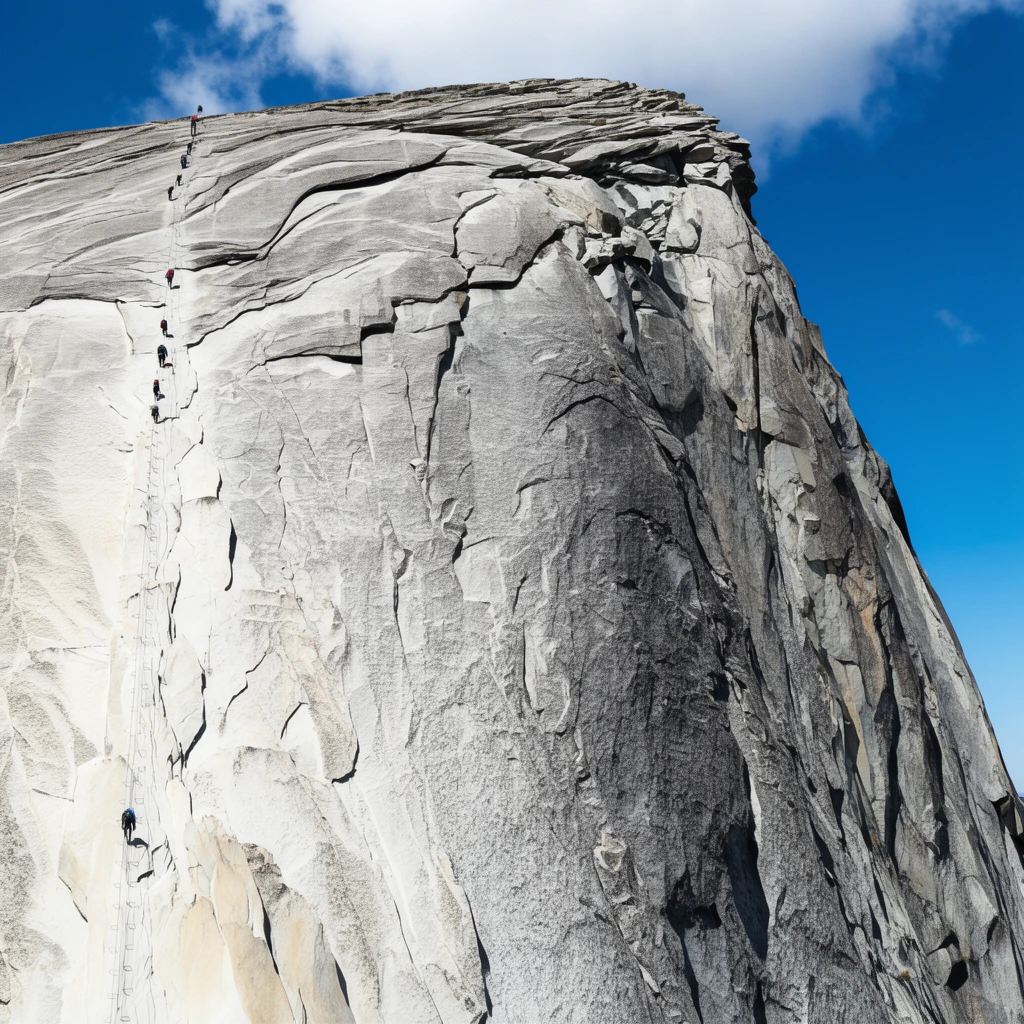 A towering sheer granite cliff face dominates beneath a vibrant blue sky with a single white cloud. A steep cable route ascends the left edge of the pale grey rock. Tiny figures of hikers form a vertical line scaling the immense textured stone surface. Deep cracks sharp shadows and horizontal striations mark the imposing geological formation. Bright daylight photography emphasizes the immense scale and stark verticality of the rock.