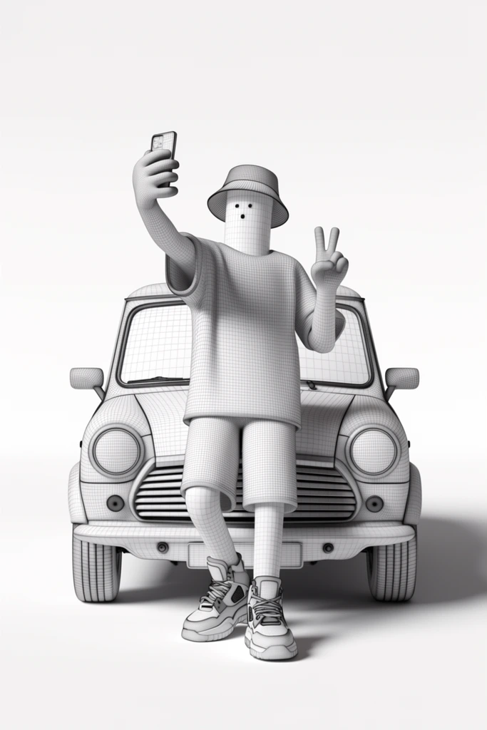 3D wireframe render of a stylized character taking a selfie in front of a classic mini car, the character has a cylindrical head with tiny dots for eyes and mouth, wearing a bucket hat, oversized t-shirt, shorts, and chunky high-top sneakers, right hand holds a smartphone up for a selfie, left hand makes a peace sign, the character leans slightly back against the car, the car is a small vintage model with round headlights and a prominent grille, both character and car are entirely composed of fine black wireframe mesh against a solid, brightly lit white background, soft drop shadows fall to the right, monochrome aesthetic, studio lighting, clean technical illustration style