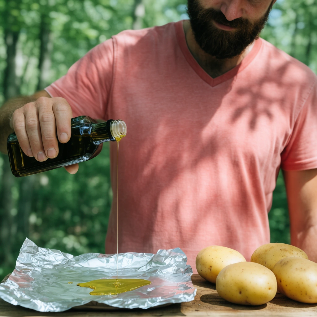 bearded man in a faded salmon v-neck t-shirt pouring a thin stream of golden oil from a dark glass bottle onto aluminum foil, four whole yellow potatoes on a wooden surface, dappled sunlight casting leaf shadows on the man, blurred green forest background, shallow depth of field, natural daytime lighting, outdoor lifestyle photography