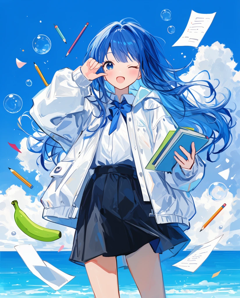 Dynamic anime illustration of a winking girl with long blue hair, wearing an oversized white jacket and dark skirt. She stands against a bright blue sky, ocean horizon, and fluffy clouds, surrounded by floating papers, pencils, bubbles, and a green banana.