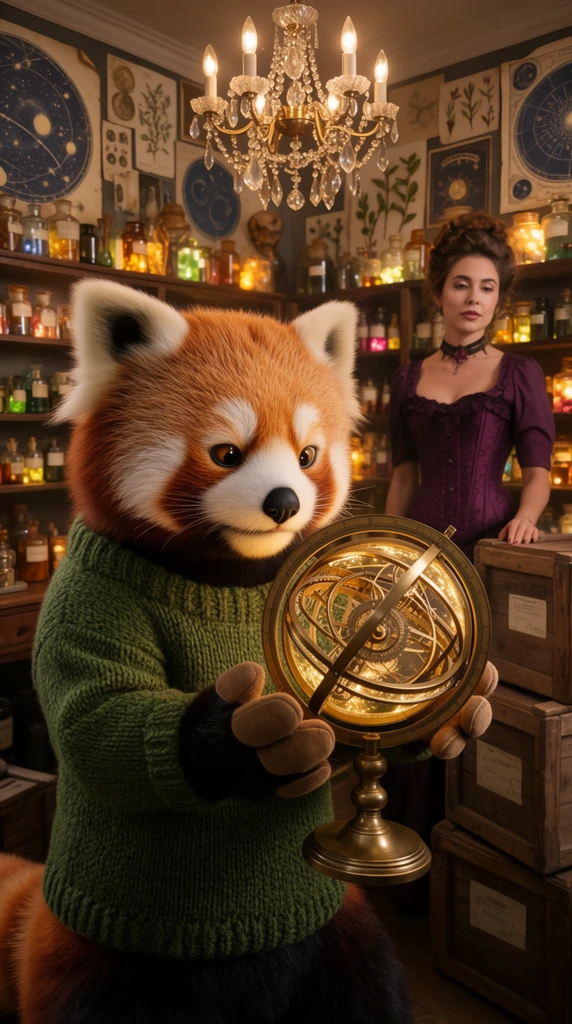 An anthropomorphic red panda wearing a chunky green knitted sweater examines an intricate glowing brass astrolabe. The furry creature holds the complex mechanical device with padded paws, its face illuminated by a soft golden light. In the dimly lit background, an elegant woman in a plum Victorian corset stands beside stacked wooden shipping crates. They are inside a densely packed apothecary illuminated by a crystal chandelier, with walls covered in shelves of glowing vials, celestial maps, and botanical specimens. Warm amber cinematic lighting and a shallow depth of field create a rich, fantastical aesthetic, keeping the panda in sharp focus against the softly blurred, eclectic background.