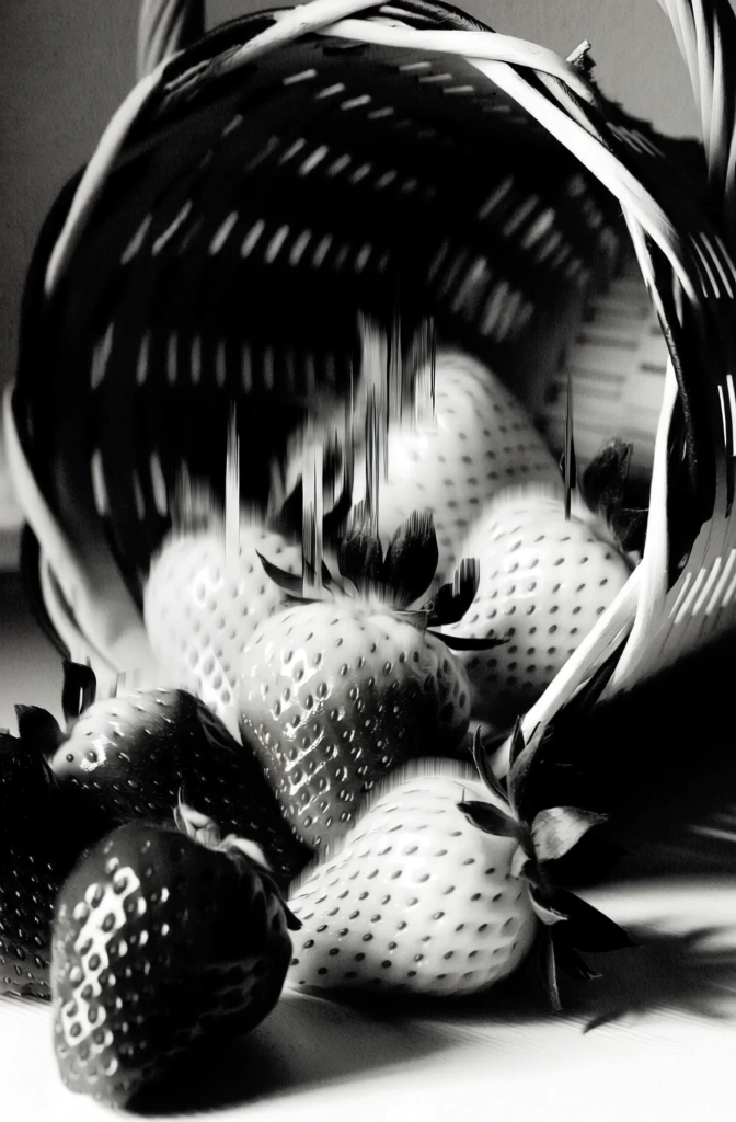 high contrast monochrome black and white photography, a rustic woven basket of ripe strawberries spilled across a dark surface, avant-garde glitch art aesthetic, surreal liquid distortion, digital smear effect stretching the fruit and seeds into warped vertical bands, sharp focus on foreground berries with others blurred into pixel-sorted textures, dramatic chiaroscuro lighting, grainy film texture, experimental darkroom aesthetic, overlapping exposures, abstract composition.