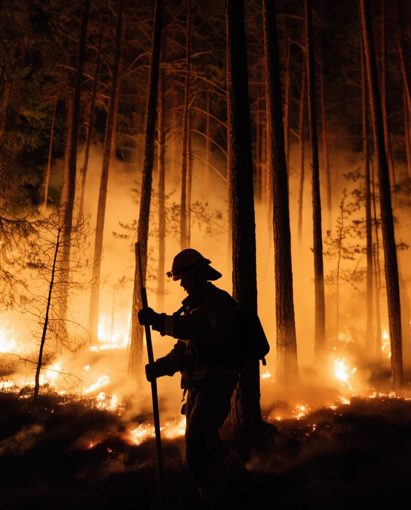 firefighter holding a long-handled tool in a dark pine forest at night, tall trees silhouetted against bright orange flames, thick swirling smoke, intense glowing ground fire, high contrast dramatic photojournalism