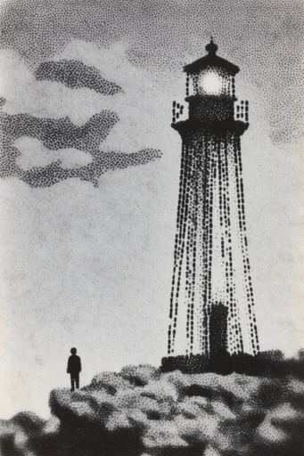 Textured Monochrome Surrealism style reference image — grainy lithograph aesthetic
