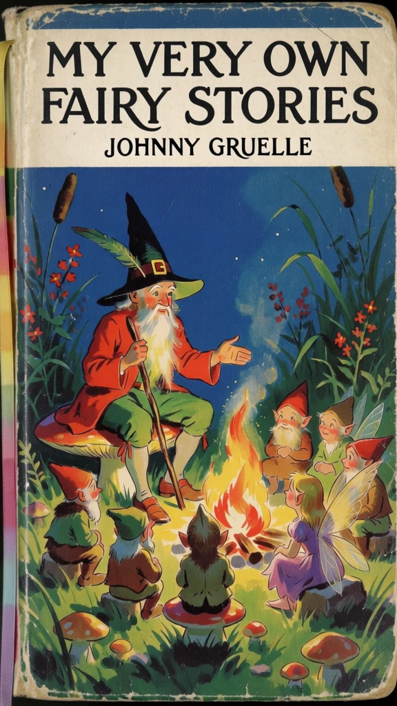 A worn vintage hardcover children’s book titled "MY VERY OWN FAIRY STORIES" by Johnny Gruelle features a colorful illustration of a wizard telling stories to a group of small forest creatures around a campfire. The book's cover is aged, with frayed edges, rounded corners, and a visible multicolored bookmark ribbon in shades of yellow, pink, and purple peeking out from the left side. The top third of the cover consists of a cream-colored horizontal band containing the title "MY VERY OWN" on the first line and "FAIRY STORIES" on the second line in large, stylized, black capital letters, with the author's name "JOHNNY GRUELLE" centered below in a smaller, simpler black font. The lower two-thirds of the cover is a full-page illustration set against a deep blue night sky. In the center, a wizard with a long white beard sits on a large, flat mushroom, wearing a tall, pointed black hat with a gold buckle and a long green feather, a bright red coat, and green breeches. He holds a wooden walking stick and gestures with his right hand toward a glowing orange and yellow campfire. Surrounding the fire are several small, gnome-like figures and a fairy in a purple dress with translucent wings, all listening intently. The ground is covered in green grass and several smaller mushrooms, while the background is filled with tall green reeds and sprigs of red flowers. The warm light from the fire illuminates the faces and clothing of the gathered characters, contrasting with the dark, cool tones of the surrounding forest and sky.