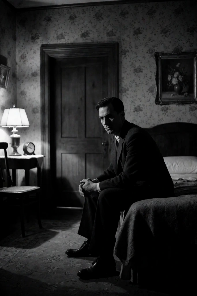 A cinematic black-and-white shot of a man in a dark suit sitting on a bed's edge in a dimly lit vintage room. Angled left in profile, his hands are clasped in his lap. The moody film noir setting features floral wallpaper, a paneled wooden door, and deep chiaroscuro shadows. A glowing lamp and round clock rest on a side table beside a wooden chair on the left, while a framed floral painting hangs on the right wall, emphasizing the tense, high-contrast atmospheric lighting.
