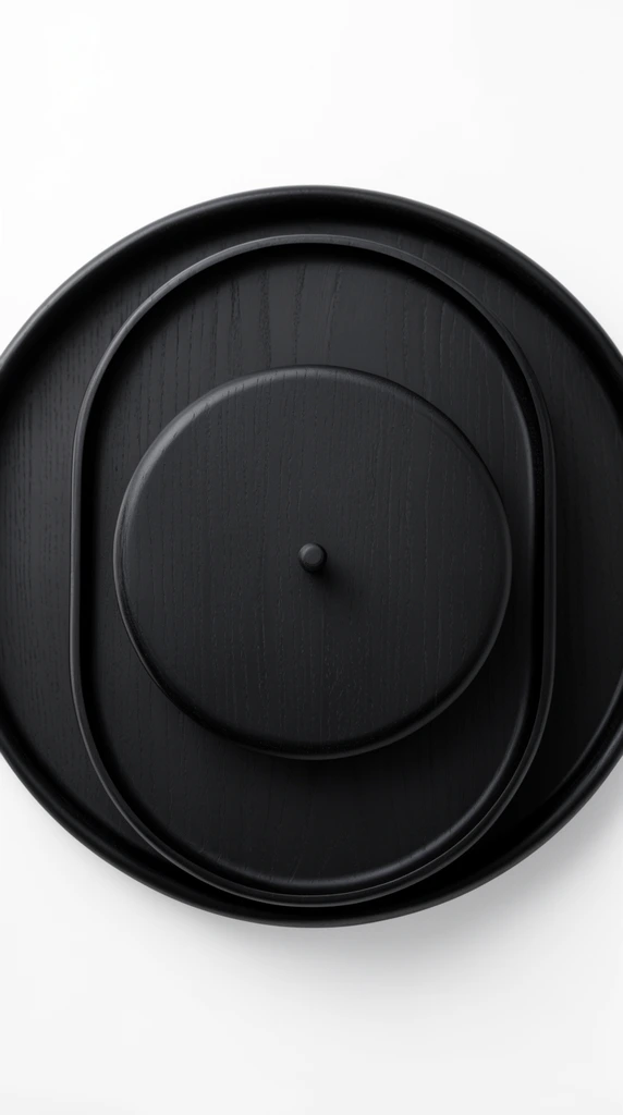 nested matte black wooden trays, top-down flat lay on white background, large circular base, inner oval tray, top circular lid with small peg, visible wood grain, minimalist high contrast studio photography
