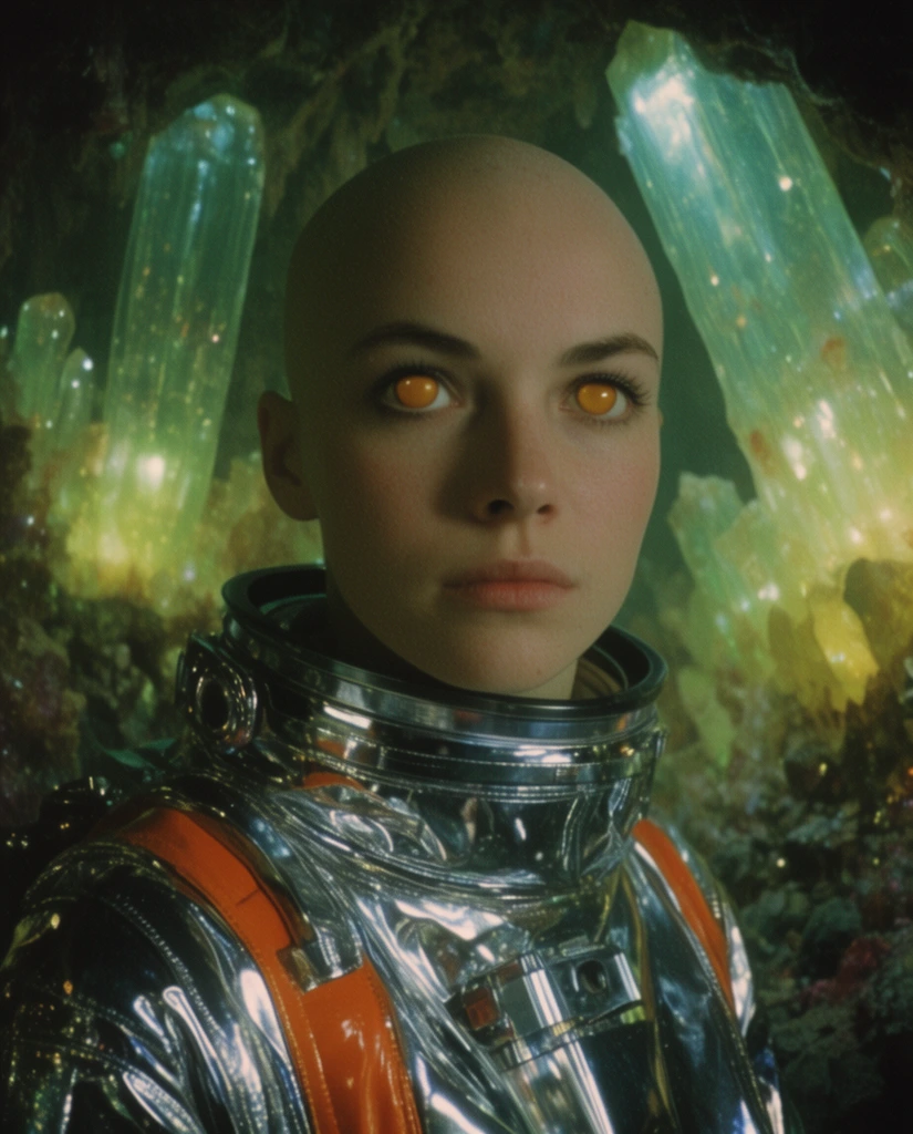 younger bald woman with solid amber eyes wearing a reflective chrome spacesuit with orange accents, dense bio-luminescent underground cavern, giant glowing green crystal formations, 1980s sci-fi film aesthetic, cinematic lighting, 35mm film grain