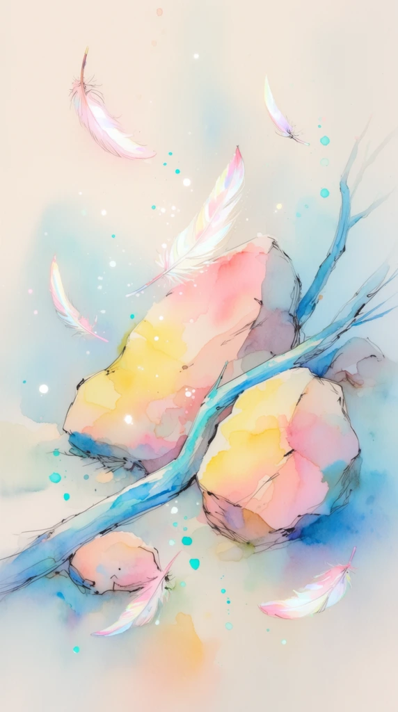 Rocks, branches, and falling feathers depicted in a delicate, luminous watercolor and ink painting style characterized by soft pastel gradients and fluid color washes. The textured rocks are formed from translucent, overlapping pools of warm yellow, soft pink, and peach watercolor, their rugged forms loosely defined by fine, sketchy black ink outlines. Slender branches intertwine around the stones, painted with sweeping brushstrokes of cerulean blue and turquoise that bleed smoothly into the surrounding space. Wispy falling feathers drift downward, rendered as weightless, glowing silhouettes with delicate ink detailing and iridescent pink edges. The scene floats within an ethereal, pale cream and light blue environment composed of soft, hazy watercolor blooms and wet-on-wet color blending. Scattered dynamically across the composition are crisp paint splatters, glowing white speckles, and tiny vibrant turquoise droplets that complete the dreamy, translucent aesthetic.