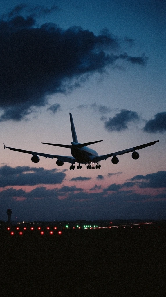 A massive four-engine passenger jet descends toward a dark runway during twilight. Captured from a low rear angle, the aircraft features fully deployed landing gear and wide swept wings, forming a stark silhouette against a gradient sky fading from deep indigo to soft pink at the horizon. Below the descending plane, the ground is veiled in heavy shadows, punctuated by a receding line of glowing red and green runway approach lights and the faint distant outline of a control tower on the left. Dark, brooding clouds drift across the scene, dominated by a large heavy formation in the upper left sky. The shot utilizes telephoto lens compression and prominent film grain to produce a high-contrast, atmospheric cinematic aesthetic.