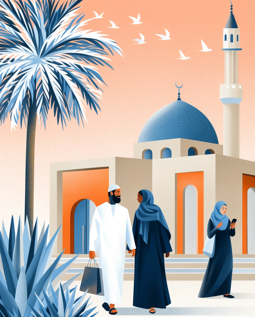 A textured editorial illustration of people walking near a modern mosque under a gradient peach sky, rendered with geometric shapes and heavy stipple shading. A tall palm tree with striking blue and white fronds frames the left beside spiky blue agave plants. A bearded man in a white tunic and a woman in a navy abaya stroll together carrying a shopping bag. Nearby, a woman in a blue hijab walks while looking at a phone. The background features a beige mosque with a blue dome, orange arched panels, and a slender minaret. White birds fly across the warm sky, complementing the striking color palette of peach and cool dusty blues.