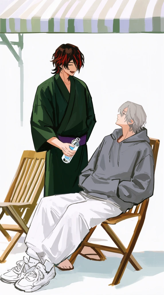 Two men interact in a bright minimalist setting. A standing figure with red-streaked dark hair wears a dark green samue and purple sash, smiling down while offering a clear bottle. A seated figure with light grey hair wears a grey hoodie, baggy white pants, and white sneakers, leaning back in a wooden chair and gazing up. A striped awning and folded chair frame the scene. Rendered in a 2D anime illustration style with loose painterly brushstrokes and simple cel-shading against a stark white background.