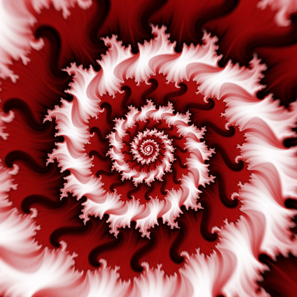 abstract deep red and white fractal spiral, intricate repeating petal-like patterns, serrated winding edges, central infinite vortex, dark contrast points along the ridges, organic botanical texture, digital macro style, shallow depth of field, heavy radial edge blur, high contrast crimson and pale pink color palette