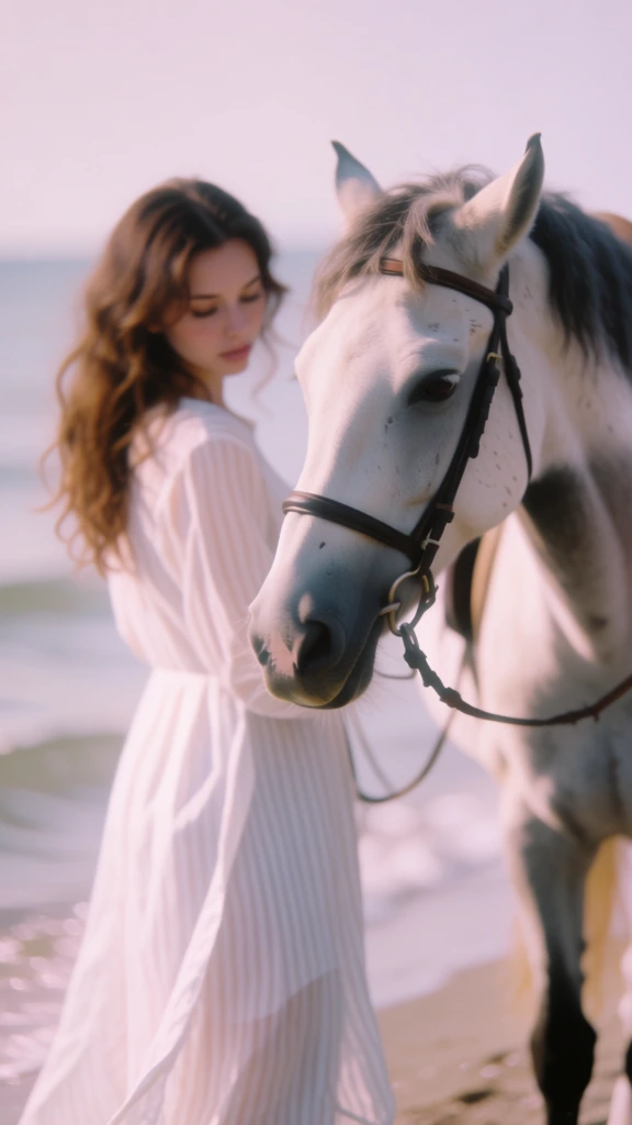 woman with white horse on beach, dreamy portrait photography, soft romantic pastel vibe