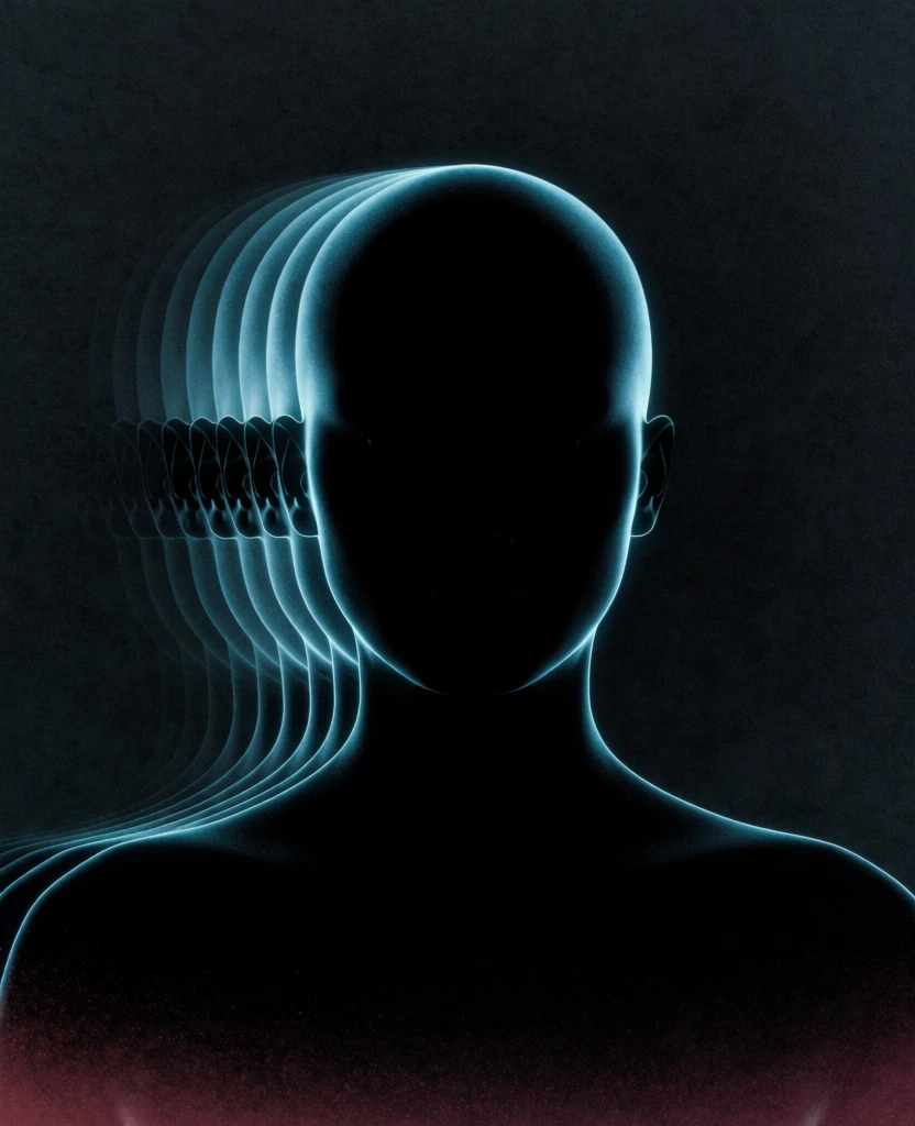 A dark, featureless silhouette of a person from the chest up stands centered against a heavily textured, dark background, accompanied by a glowing cyan motion blur effect. The central figure is rimmed with a vibrant teal light that defines the smooth curve of a bald head and the structure of the shoulders and neck. Extending to the left of the main silhouette are several translucent, rhythmic echoes of the figure’s outline in the same glowing cyan hue, creating a visual trail that suggests rapid horizontal movement or a temporal layering effect. These trails are most prominent near the shoulder and head, gradually fading as they move further from the primary form. The surrounding environment is almost entirely black, characterized by a dense, film-grain texture that gives the image a gritty, tactile quality. At the very bottom of the frame, the blackness transitions into a dark, speckled burgundy or deep red gradient. The lighting is high-contrast and directional, originating from behind the subject to create the sharp cyan glow while leaving the front of the figure in complete shadow. The composition is vertical and minimalist, utilizing a limited color palette of cyan, black, and dark red to create an abstract, ethereal atmosphere.