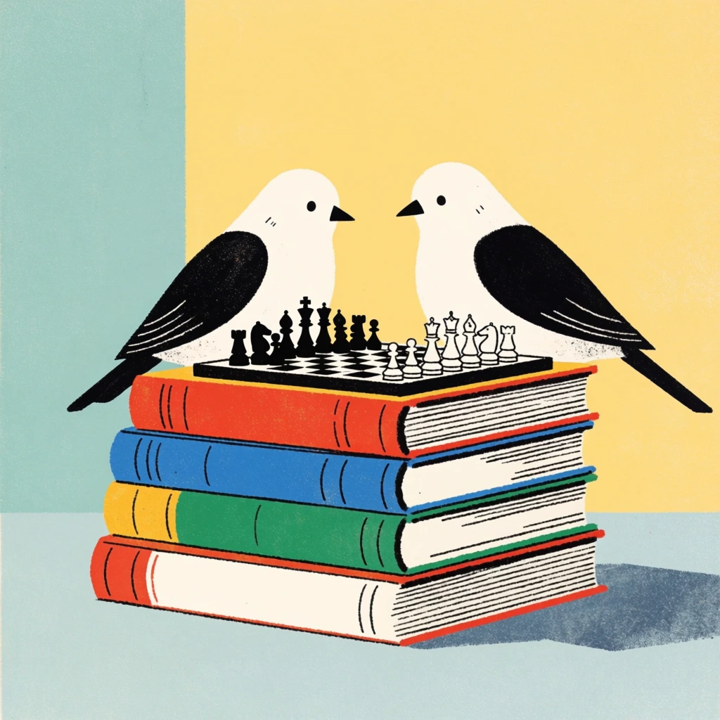 Two plump white birds with contrasting black wings and simple dot eyes sit facing each other across a miniature chessboard perched atop a stack of four thick, colorful hardcover books. The tiny chessboard is set with intricately silhouetted black pieces. The stacked books feature vibrant, textured spines in bold red, blue, green, and white. The scene is set against a minimalist, color-blocked background split into a pale teal vertical panel on the left and a soft yellow expanse on the right. The surface beneath is light blue-gray with a grainy cast shadow extending to the right. The artwork is rendered as a flat digital illustration characterized by bold linework, geometric simplicity, and a subtle, stippled risograph-like texture adding warmth to the retro aesthetic.
