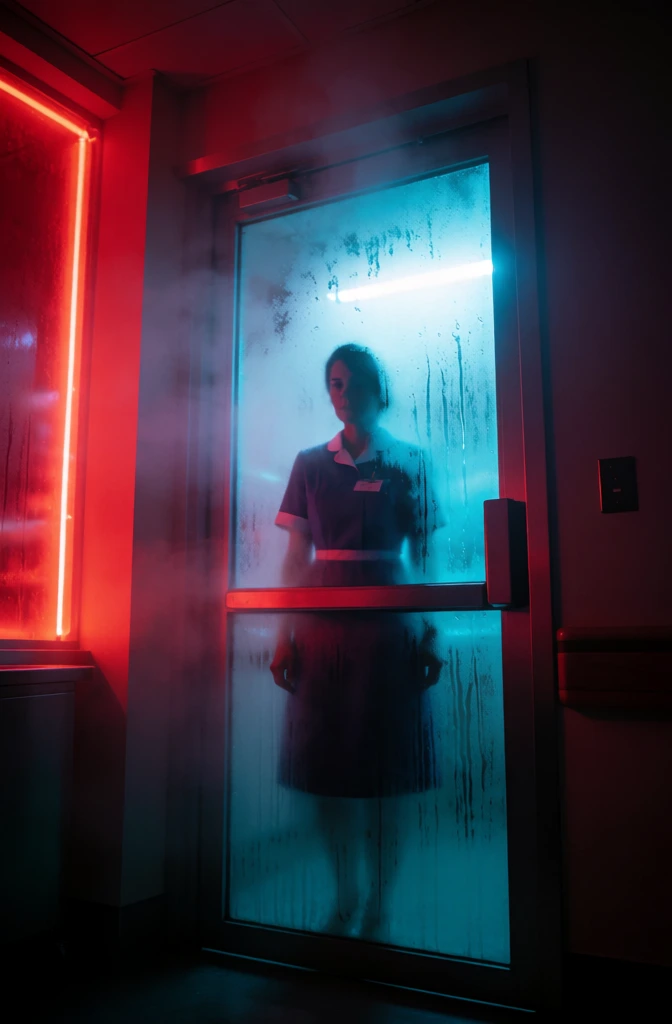 lone nurse behind fogged glass door, cinematic photography, eerie neon hospital vibe