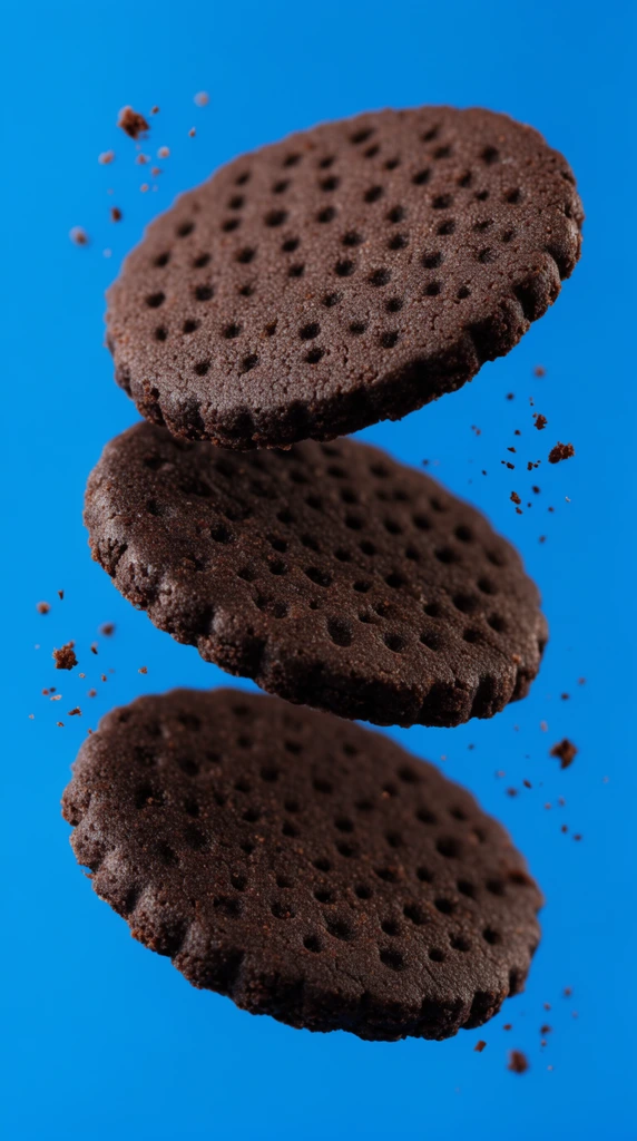 Three dark cocoa wafer cookies floating vertically, vibrant cerulean blue background, macro food photography, blackish-brown circular cookies with scalloped edges and embossed dotted patterns, fine chocolate crumbs suspended around the stack, crisp focus, studio lighting, porous baked texture, minimalist dynamic composition