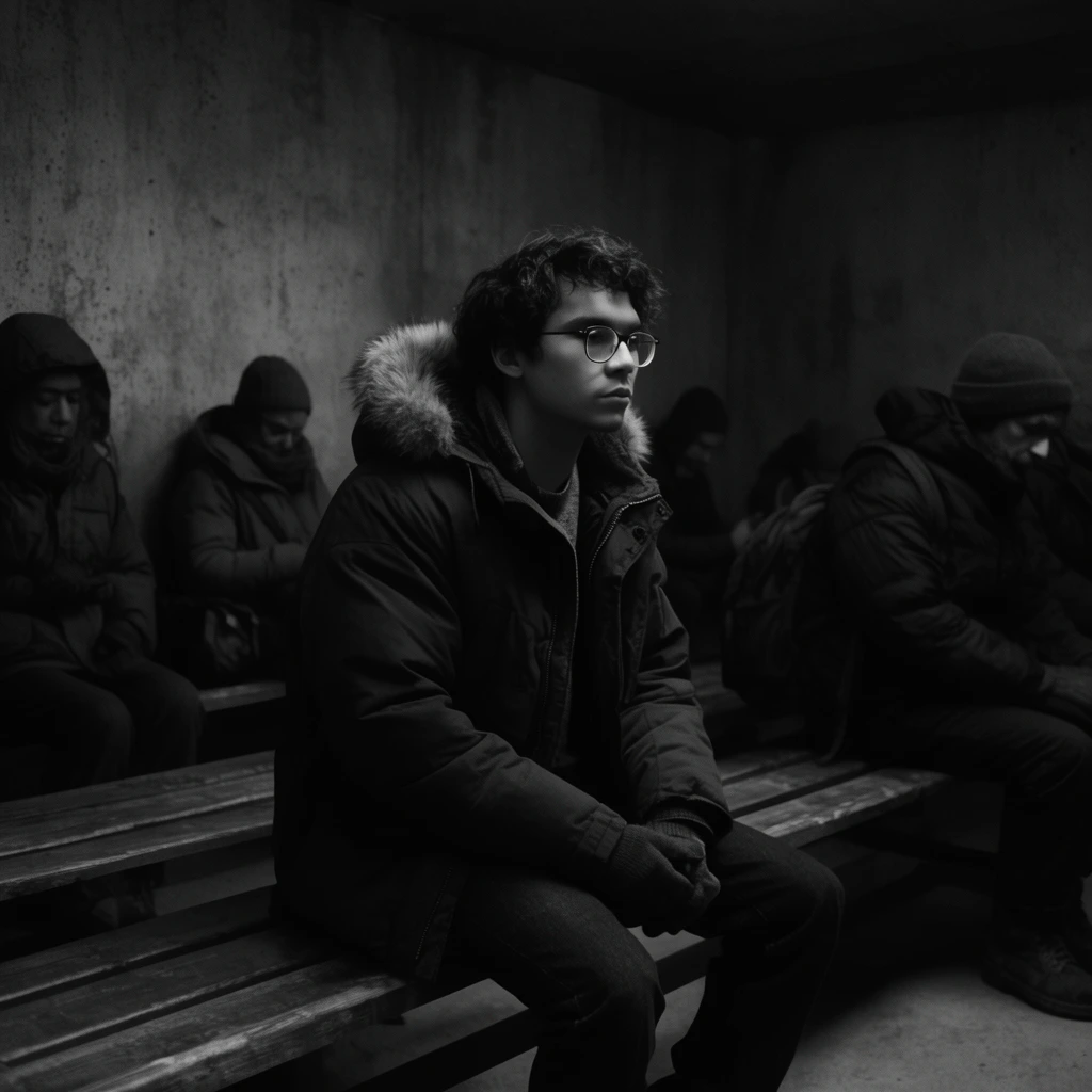 A young man with glasses and a heavy winter parka sits on wooden bleachers in a stark dimly lit concrete waiting room. Other bundled travelers sit quietly around him in the shadows. High-contrast cinematic black and white photography with dramatic shadows and moody soft lighting.