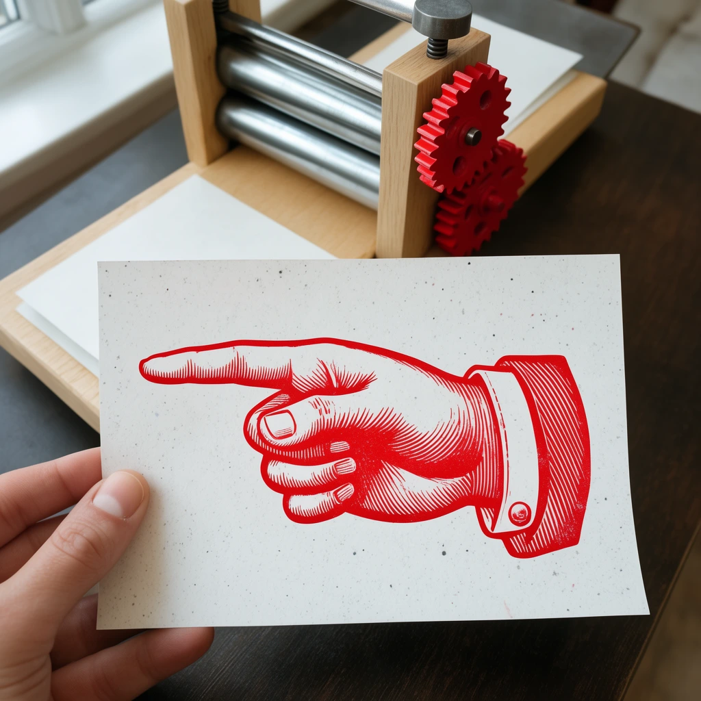 hand holding a white paper, vibrant red relief print of a vintage pointing hand with extended index finger, bold hatched shading lines in the graphic, textured speckled paper, small tabletop printing press in background, light wood frame, metal rollers, bright red toothed gears, dark brown table, shallow depth of field, natural daylight, crisp focus