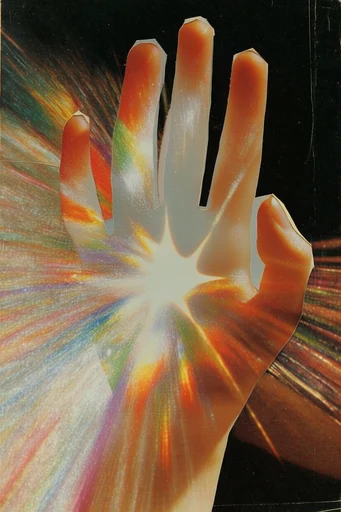 Surreal Retro-Cosmic Collage style reference image — prismatic light flares