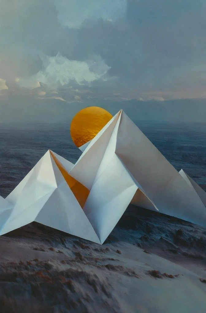 minimalist surrealist landscape featuring a colossal white paper-folded origami mountain range, a glowing golden sun peeking from behind the central peak, soft ethereal atmospheric lighting, desaturated dusty blue and cool grey sky with subtle textured clouds, clean horizontal composition, smooth matte paper surfaces, painterly cinematic aesthetic, moody muted tones contrasted with warm solar highlights, high-end conceptual art direction, crisp detail on paper edges.