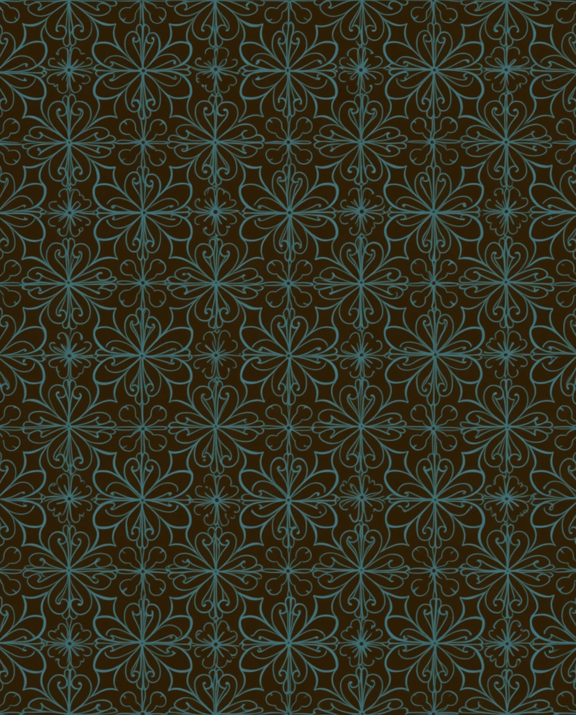 A seamless repeating ornamental pattern of intricate teal linework on a solid dark brown background. The symmetrical grid features stylized floral motifs, four-pointed stars, and elegant scrolling curves in a flat, decorative vector style.