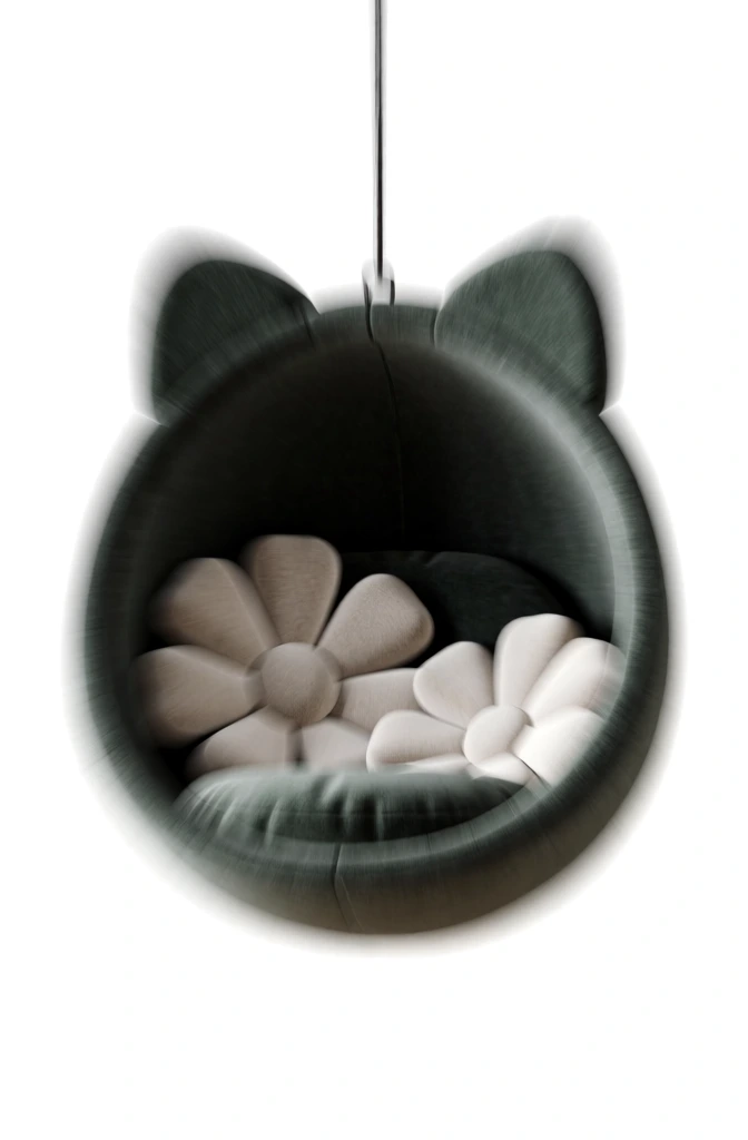 a minimalist cat-shaped hanging chair containing plush flower cushions, rendered with an extreme radial blur and soft-focus aesthetic, featuring deep charcoal and forest green tones at the core radiating into a soft white glow, moody ethereal studio lighting, smooth organic gradients, centered composition, dreamlike hazy texture, cinematic cgi, professional art direction, clean silhouettes, soft edges, minimalist luxury, high-end furniture photography
