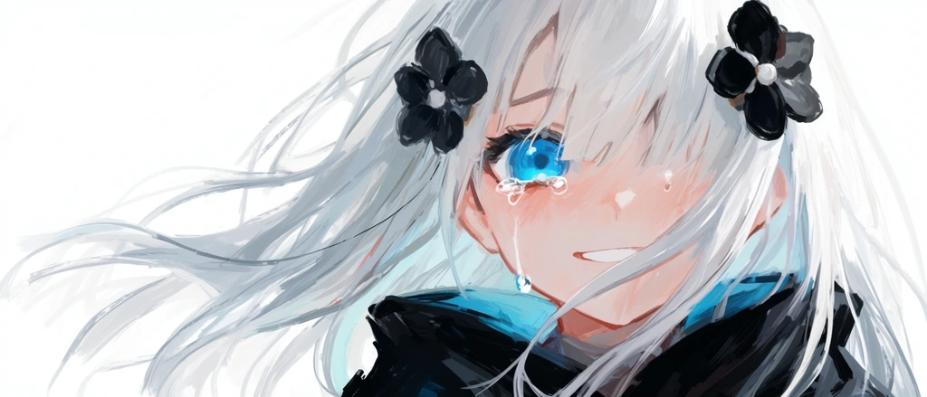 portrait of anime girl, smiling while crying, windblown white hair, single bright blue eye, black flower hair accessories, dark high-collar jacket, expressive digital painting, visible brushstrokes, white background