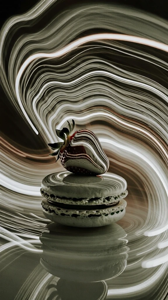 two stacked macarons and fresh strawberries, long-exposure kinetic light painting, warped anamorphic streaks swirling in a dynamic radial tunnel effect, liquid-metal reflections of streaking luminosity dancing across the glossy shells and fruit skin, high-velocity motion blur, desaturated charcoal and warm-white color palette, sleek cinematic distortion, low-angle macro perspective, hyper-kinetic aesthetic, sharp foreground textures melting into atmospheric white light trails
