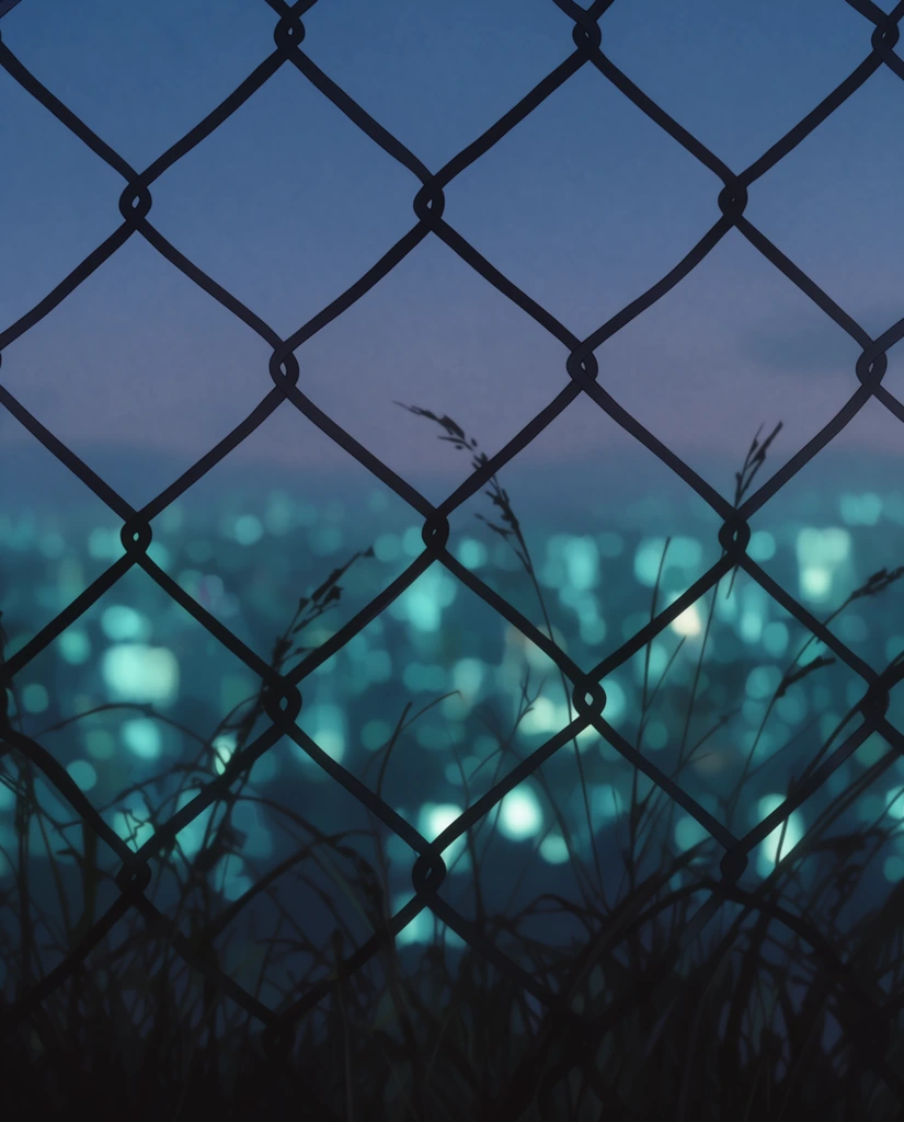 Silhouetted chain-link fence, sparse tall grass, out-of-focus glowing teal city lights, dusky blue twilight sky, shallow depth of field, 2D anime style
