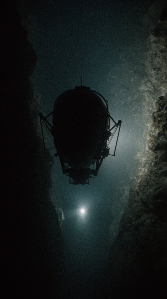murky deep underwater scene, dark silhouette of a rounded mechanical submersible with thin structural arms, navigating a narrow ocean trench, distant bright white light from a secondary vessel below, light beam illuminating rough rocky walls on the right, heavy deep shadows engulfing the left, cinematic lighting, extremely low key, heavy film grain, deep sea exploration