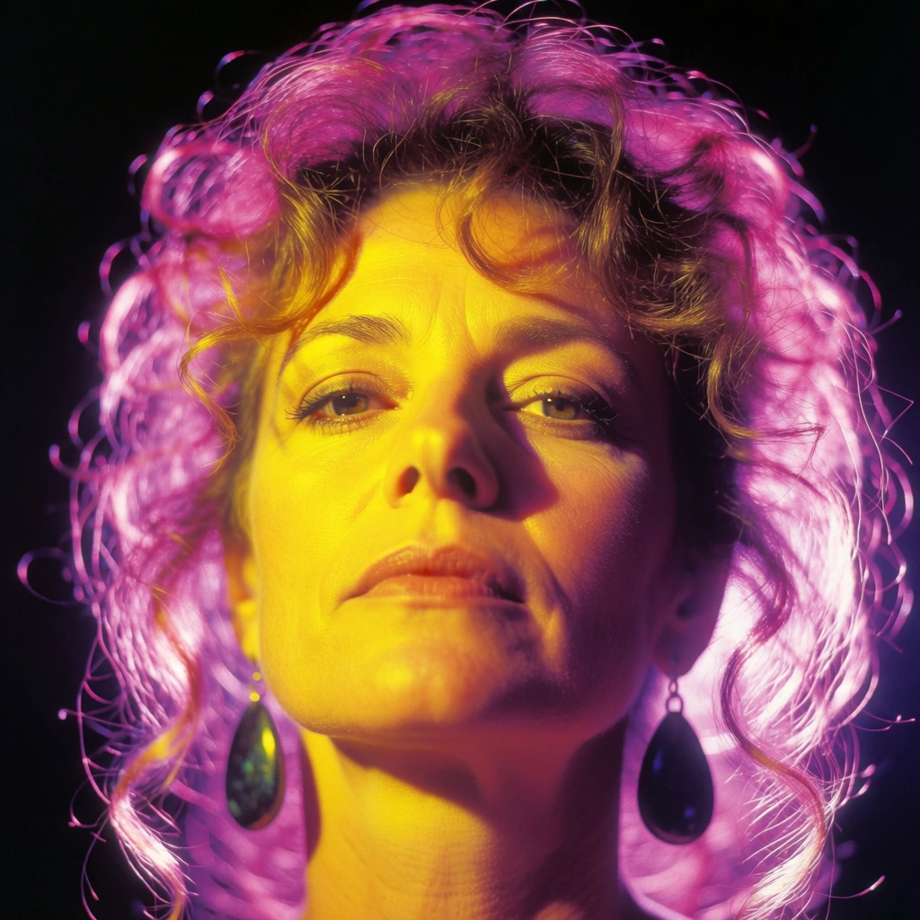A close-up portrait of a woman's face is illuminated by a dramatic combination of yellow and purple lighting against a pitch-black background. The woman faces forward with her chin tilted slightly upward, her eyes gazing toward the viewer, and her lips closed in a neutral expression. Her face is saturated with a bright, warm yellow light that casts soft shadows around her nose and eye sockets, highlighting her features. She has voluminous, curly hair that catches an intense magenta and purple glow from a backlight, making individual wisps and strands stand out as bright, electric lines of color. A pair of large, dark, teardrop-shaped earrings hangs from her ears, visible against the glowing hair. The composition is a tight frame focused on her head and upper neck, utilizing a low-angle perspective. The overall artistic style is high-contrast and reminiscent of 1980s neon-noir photography, characterized by saturated colors and a soft, glowing halo effect around the subject's silhouette.